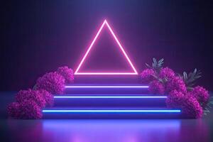 A neon triangle with flowers and stairs photo