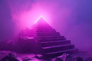 A purple pyramid with a neon sign on top photo