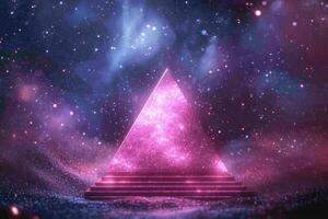 A purple pyramid with pink lights in the sky photo