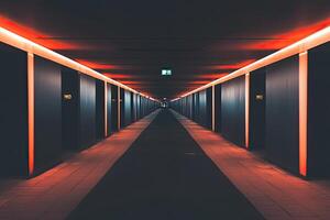 A long hallway with red lights on the ceiling photo