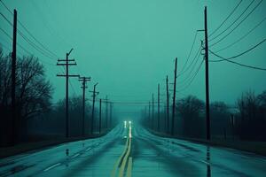 A wet road with power lines and telephone poles photo