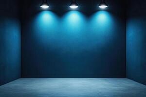 Three lights in a dark room with blue walls photo