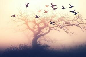 A tree with birds flying around it in the fog photo