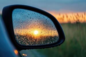 A car side mirror with rain on it photo