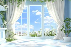 A room with blue walls and white curtains photo