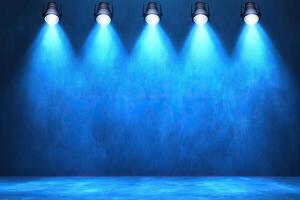 Blue spotlight on stage with blue wall background photo