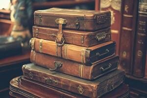 A stack of old suitcases sitting on top of a table photo