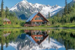 A cabin is reflected in a lake with mountains in the background photo
