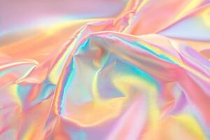 A shiny, colorful fabric with a rainbow pattern photo