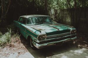 An old green car is parked in the woods photo