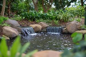 A waterfall in a garden with rocks and plants photo