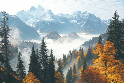 otoño bosque con montañas y niebla foto