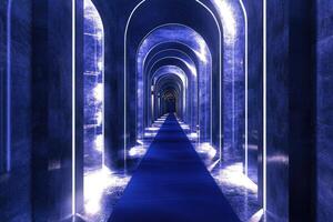 A long hallway with blue carpet and light coming from the ceiling photo