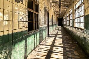 A long hallway with green and white tiled walls photo