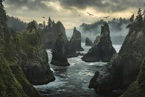 A view of the ocean and rocky cliffs with birds flying over them photo
