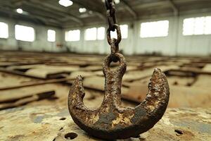 Anchor hanging from rusty metal photo