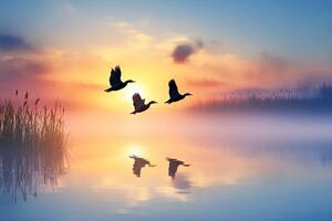 Ducks flying over the water at sunrise photo