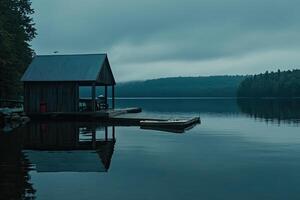 A small house sitting on a dock in the middle of a lake photo