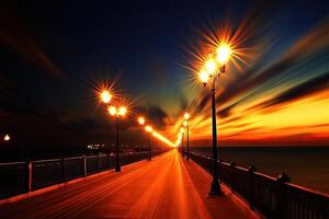 A long bridge with street lights at sunset photo