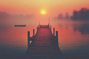 A dock with a boat on it at sunset photo
