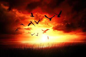 A flock of birds flying in the sky at sunset photo