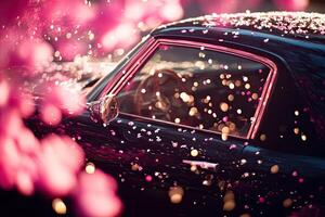 A car is parked in front of pink flowers photo