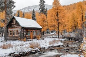 A cabin in the woods surrounded by trees photo