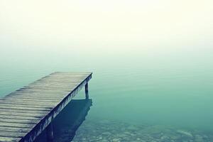 A wooden pier in the foggy water photo
