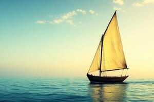 A sailboat floating in the ocean at sunset photo