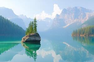 A tree is on a rock in the middle of a lake photo