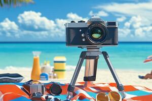 A camera on a tripod on the beach with sunglasses and beach towels photo