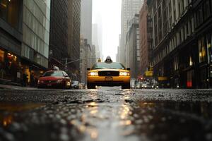 A taxi cab driving down a wet street photo