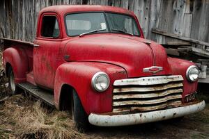 An old red truck parked in front of a barn photo