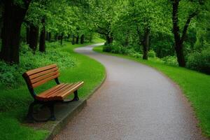 A bench sitting on a paved path next to a tree lined road photo