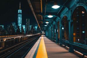 A train station at night with a city skyline in the background photo