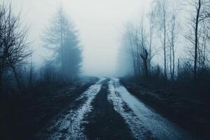 A dark road in the fog with trees and trees photo