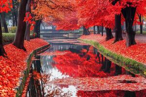 A canal lined with red trees and leaves photo