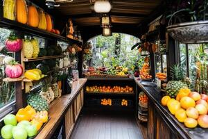 A fruit and vegetable store with a variety of fruits and vegetables photo