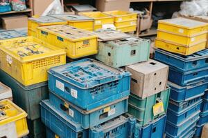 A pile of boxes and crates in a warehouse photo