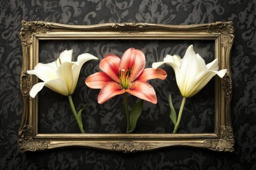 Three white lilies in a gold frame on a black background photo