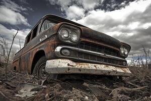 An old truck is sitting in the dirt photo