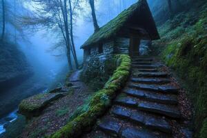 A small cabin in the woods with steps leading up to it photo