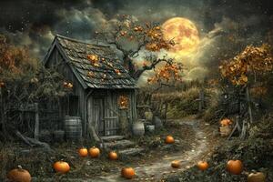 Halloween house with pumpkins and moon photo