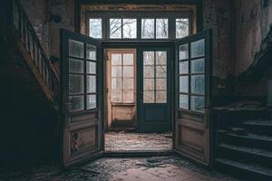An open door to a room with a staircase photo