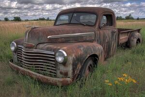 An old rusty truck is sitting in a field photo
