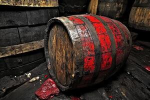 A barrel with red paint on it sitting on a wooden floor photo