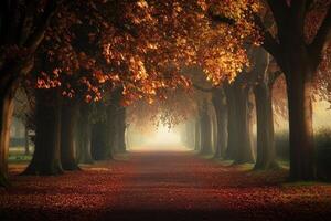 Autumn trees line the path in a foggy forest photo