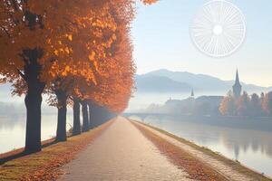 A path lined with trees and a river photo