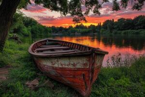 A red boat sits on the shore of a river photo