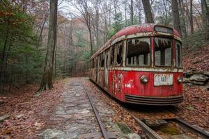 An old red trolley car is parked in the woods photo